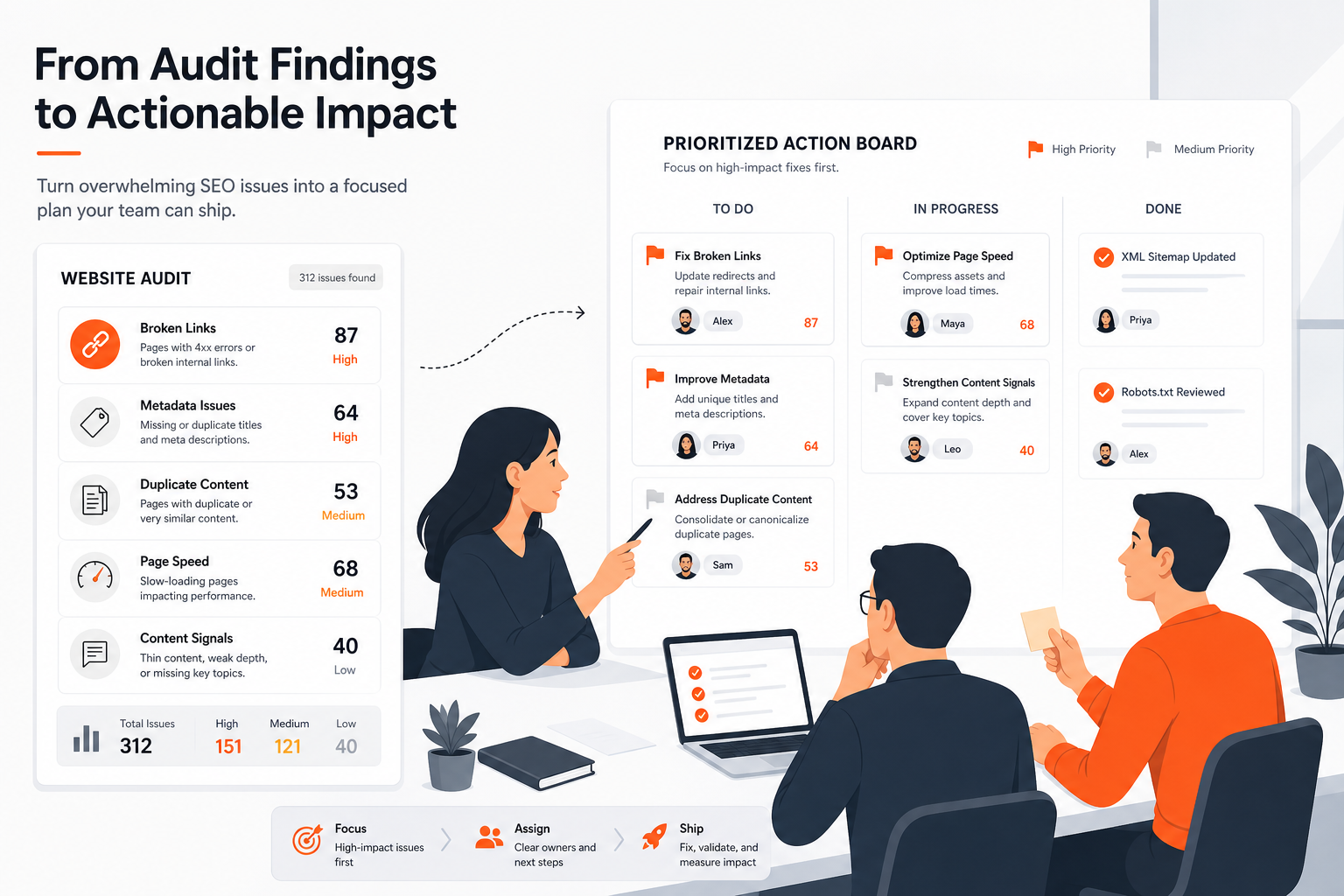 SEO audit team turning website findings into a prioritized action plan