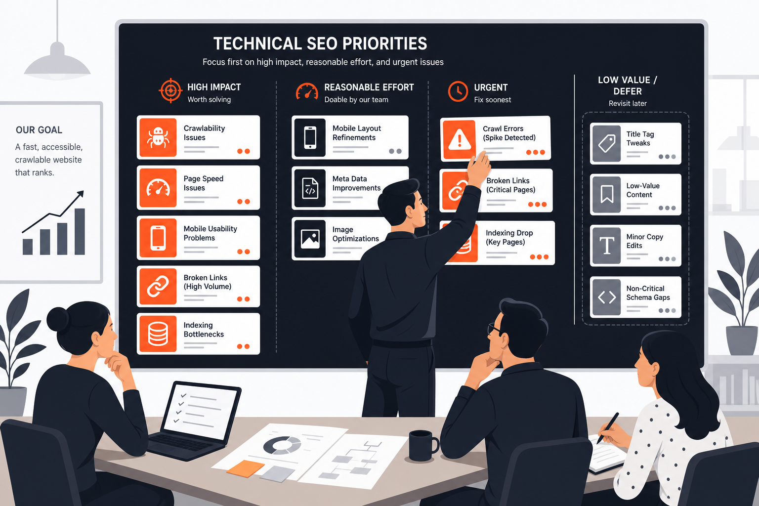 SEO team prioritizing technical issues by impact, effort, and urgency