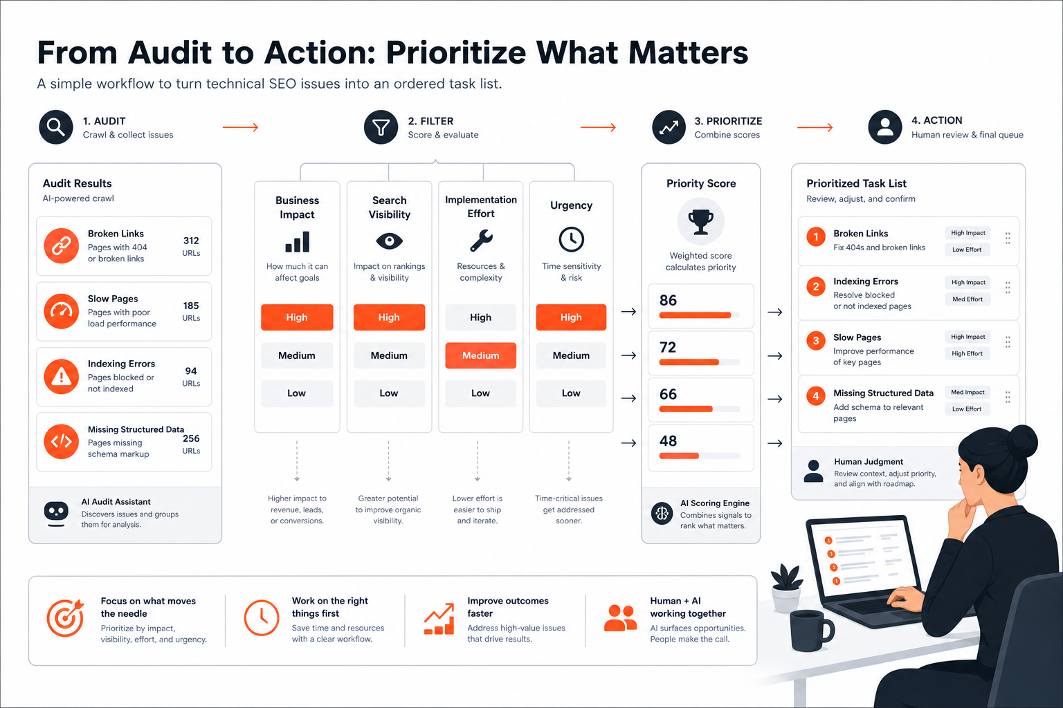 Workflow for prioritizing technical SEO issues by impact, effort, and urgency