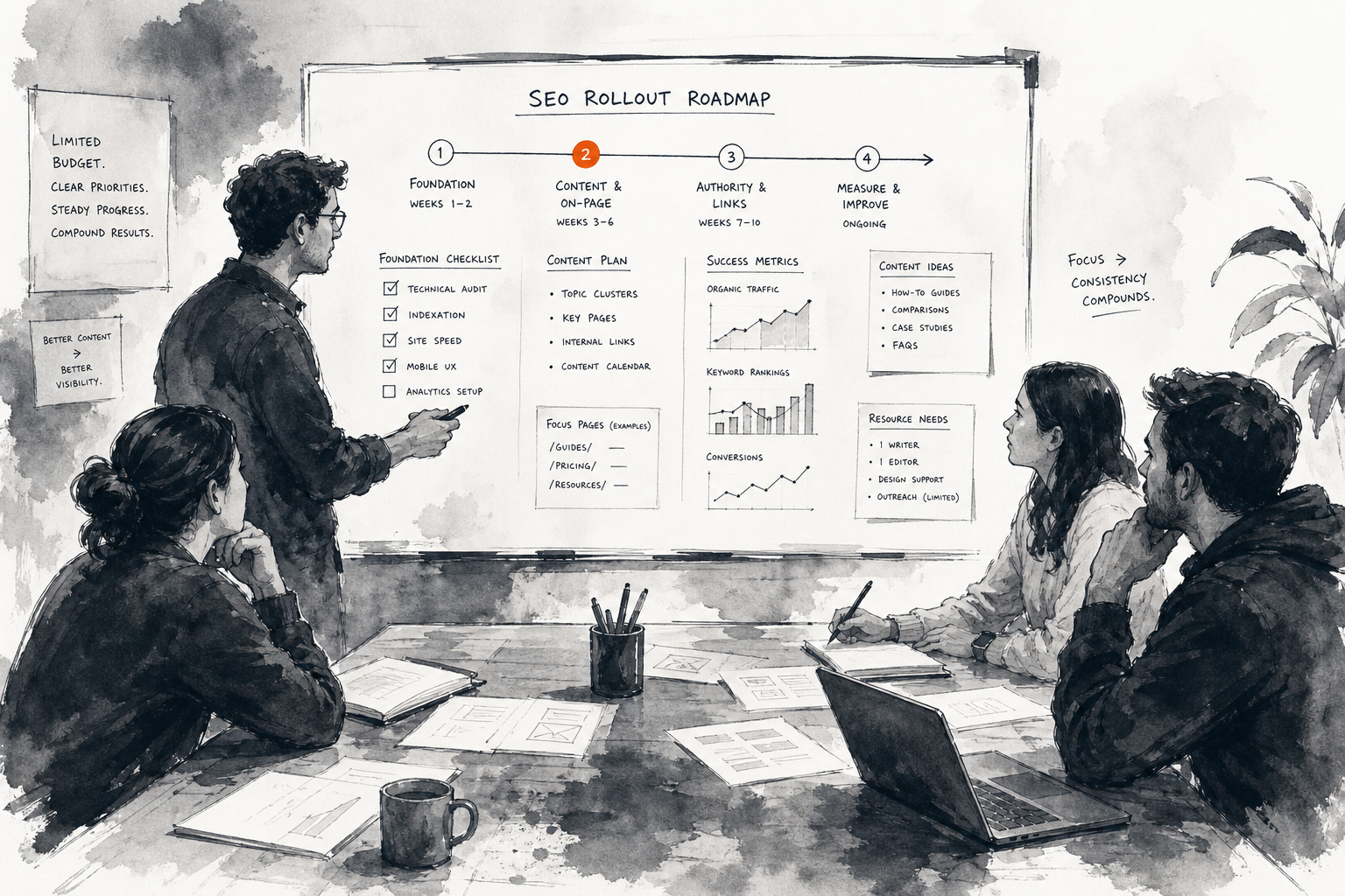 Founder planning an SEO software rollout for a small business team