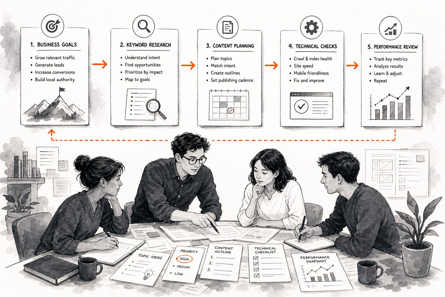 Small business team organizing an SEO software workflow around shared priorities
