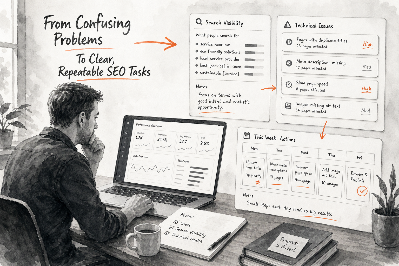 Small business owner turning website SEO problems into weekly actions with SEO software