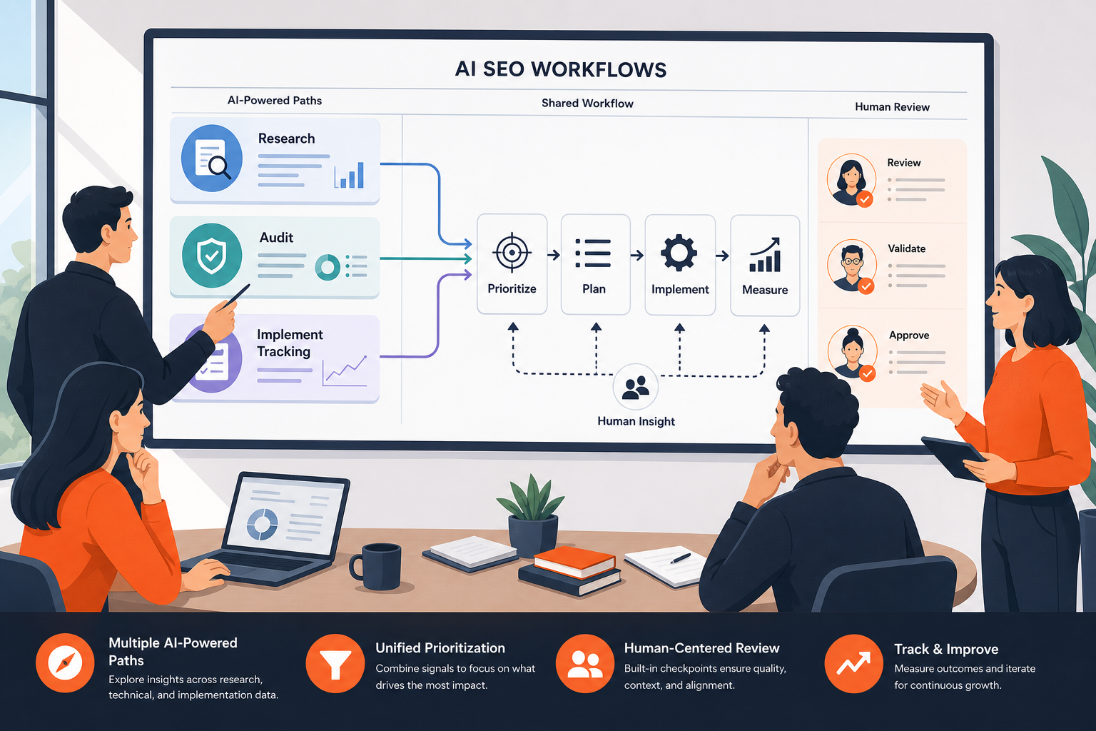 Team comparing AI SEO software workflows for research, audits, prioritization, and implementation