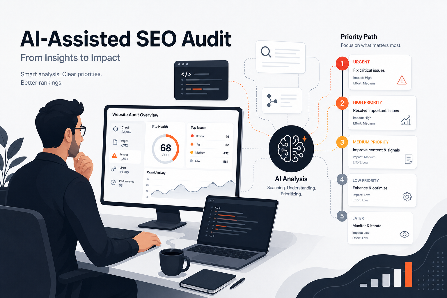 AI SEO software analyzing site audit findings and prioritizing SEO tasks