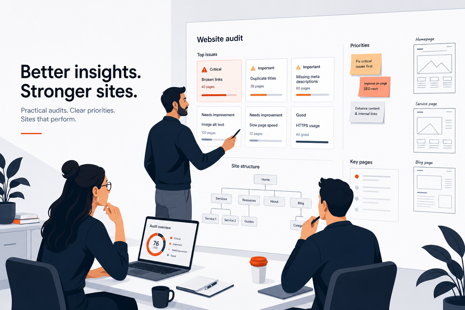 Small marketing team evaluating site audit software on a collaborative planning board