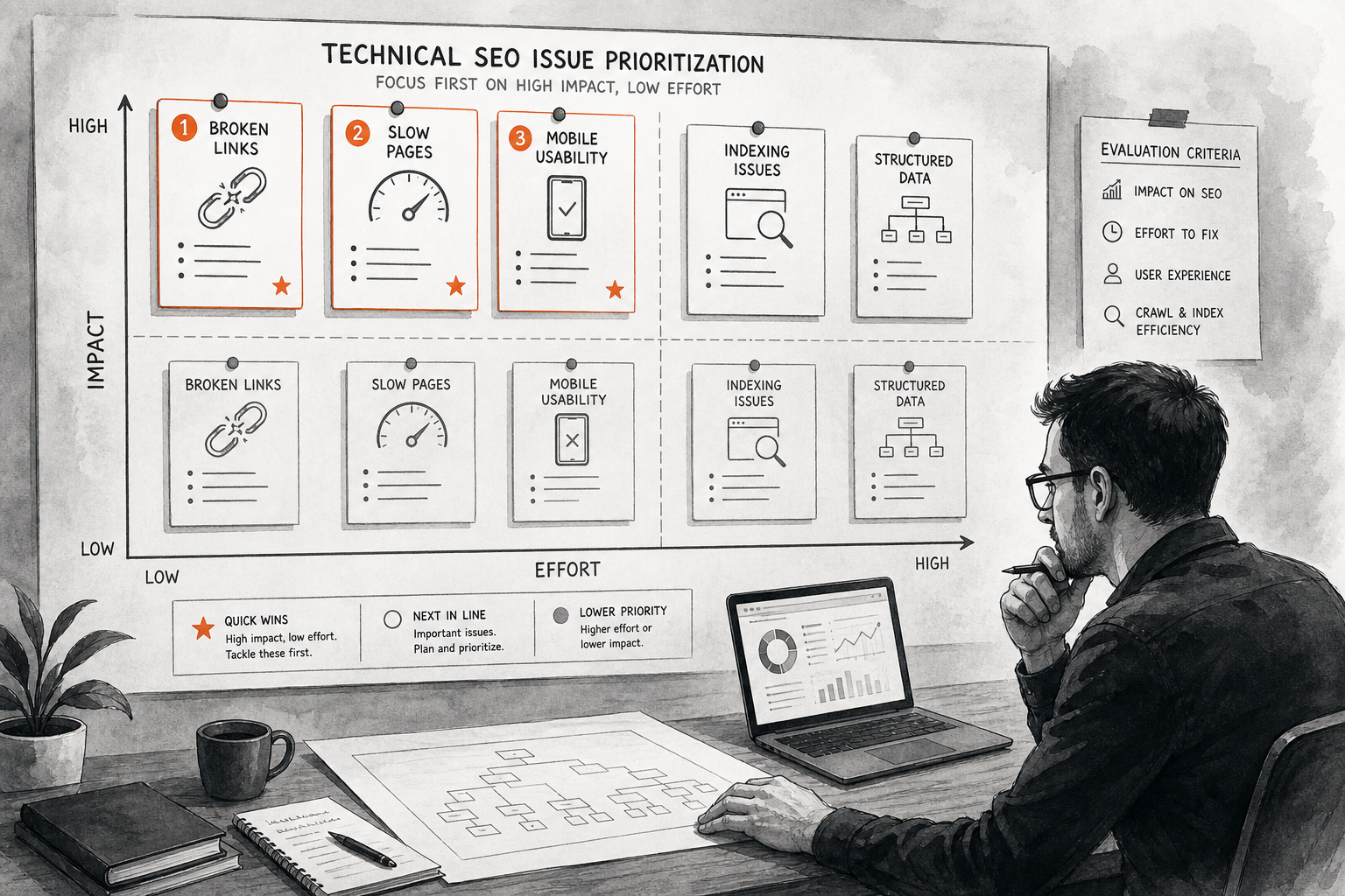 Small business team prioritizing technical SEO issues by impact and effort