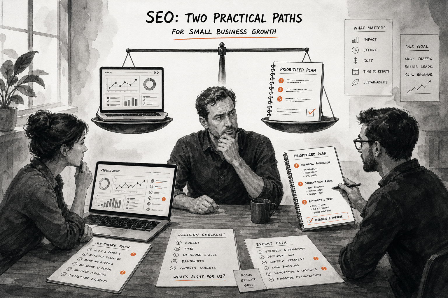 Small business team comparing SEO software with hiring outside SEO help