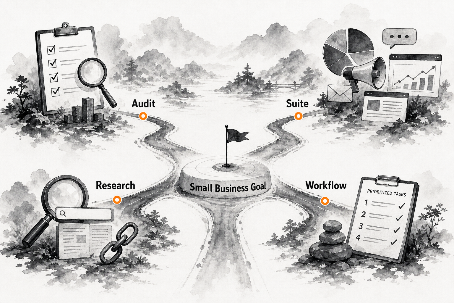 Infographic showing different SEO software approaches for small business needs
