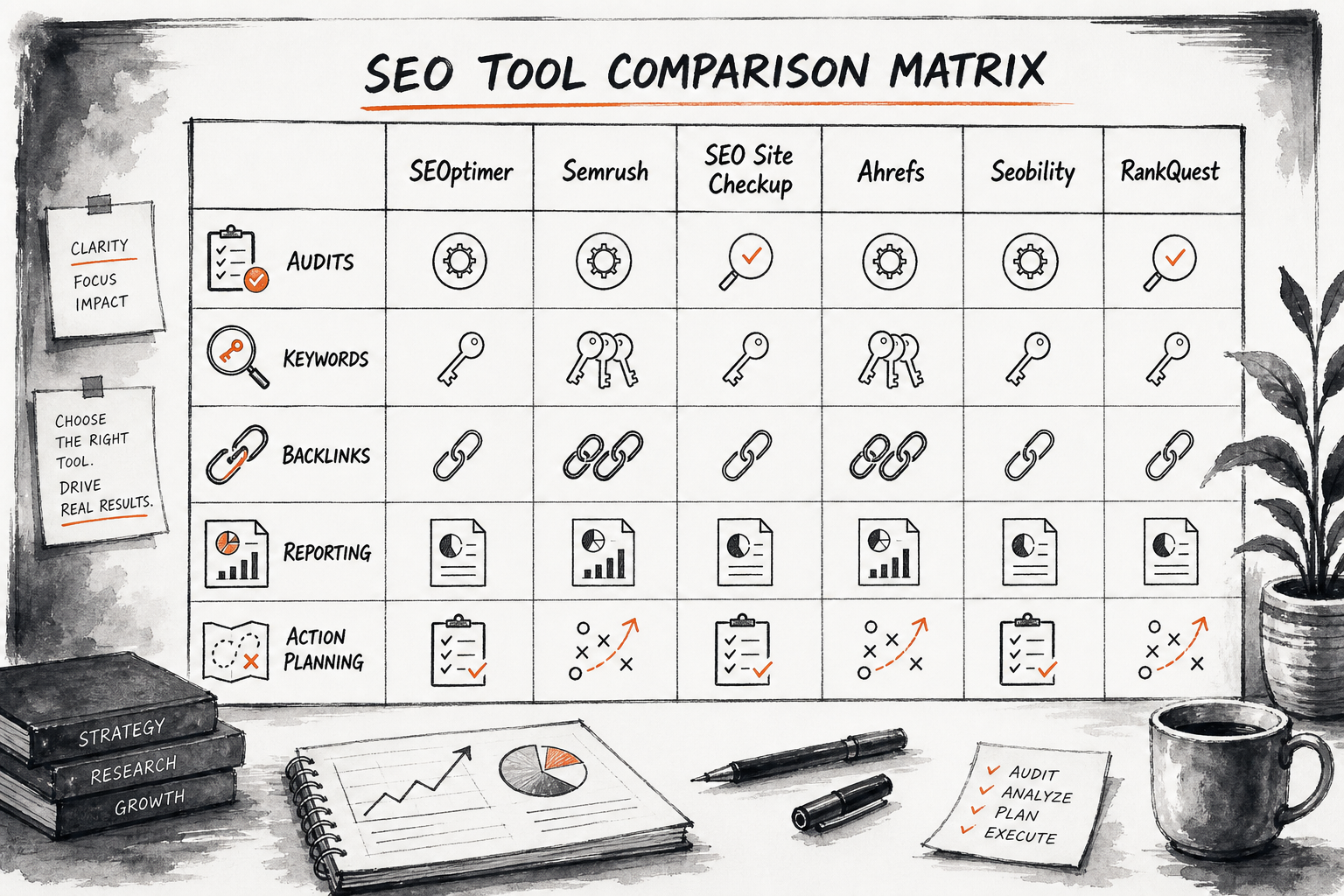 Comparison matrix for SEO software for small business capabilities and workflows