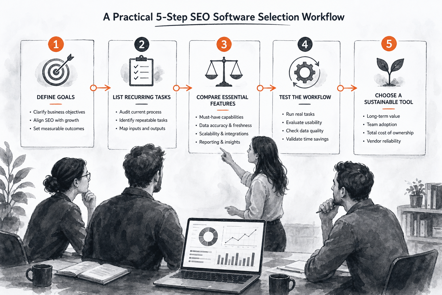 Step-by-step workflow for choosing SEO software for small business