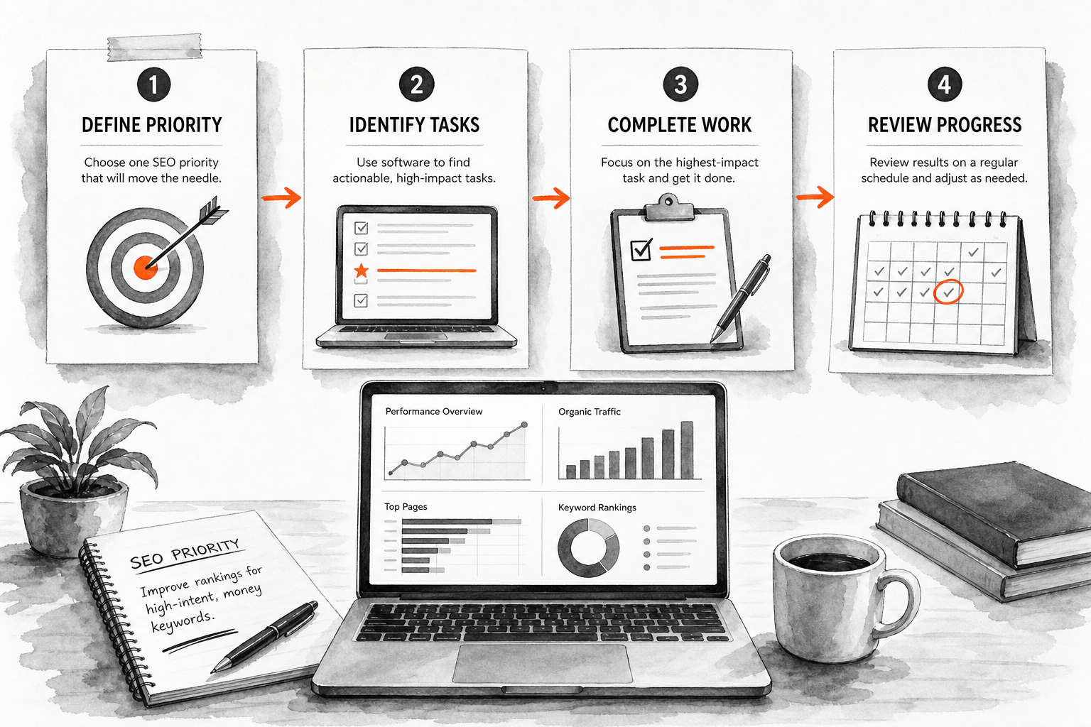 Simple SEO software workflow from choosing priorities to reviewing tasks and measuring progress