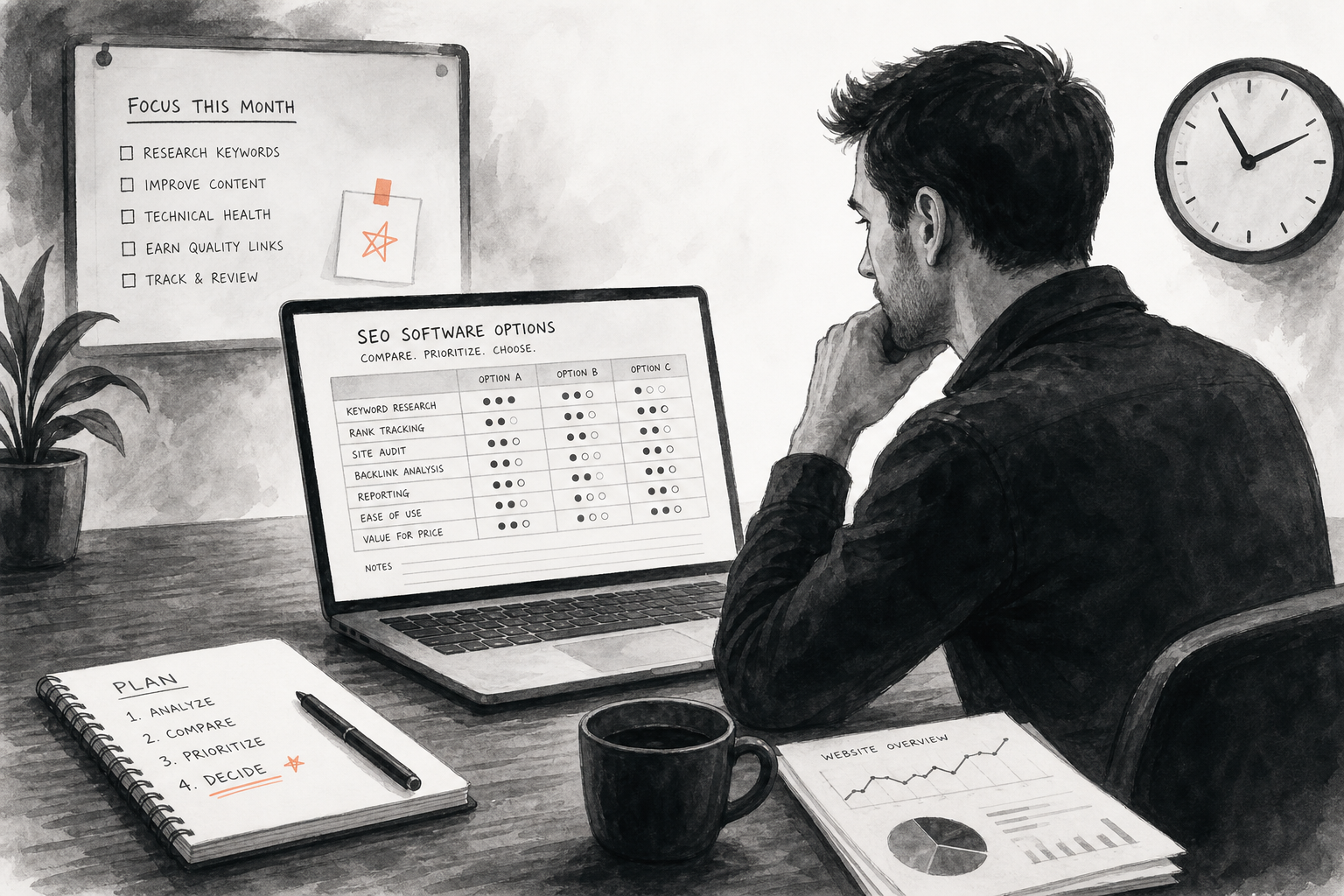 Small business owner comparing SEO software options on a laptop with a focused workflow