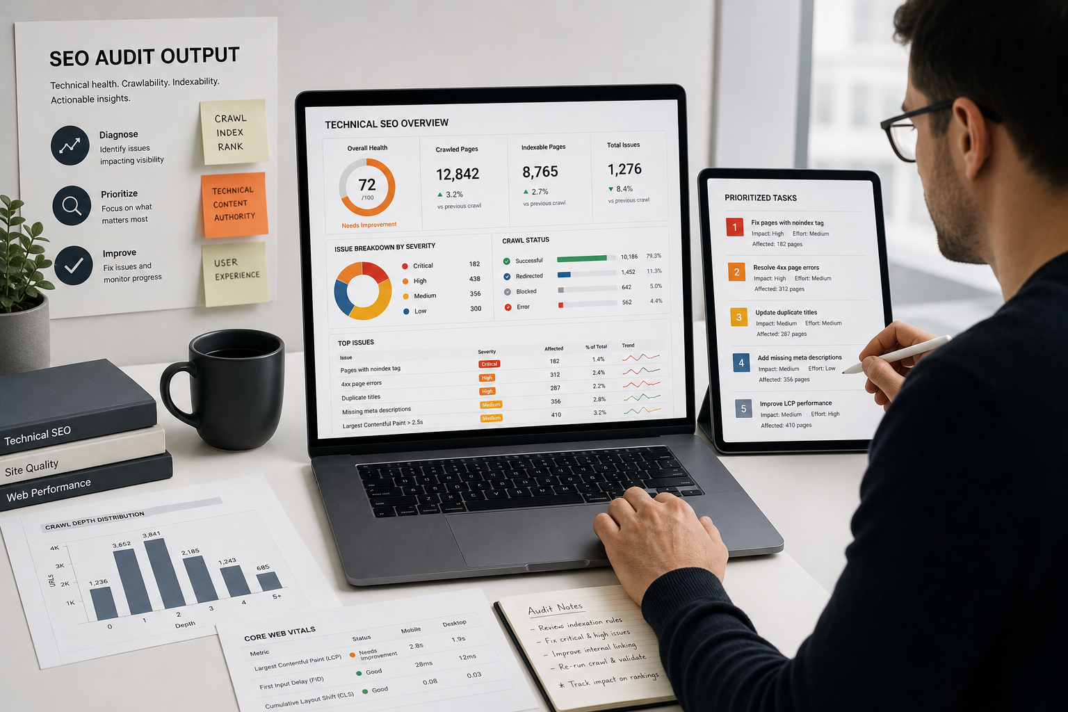 Technical SEO audit output shown as a clear prioritized report dashboard