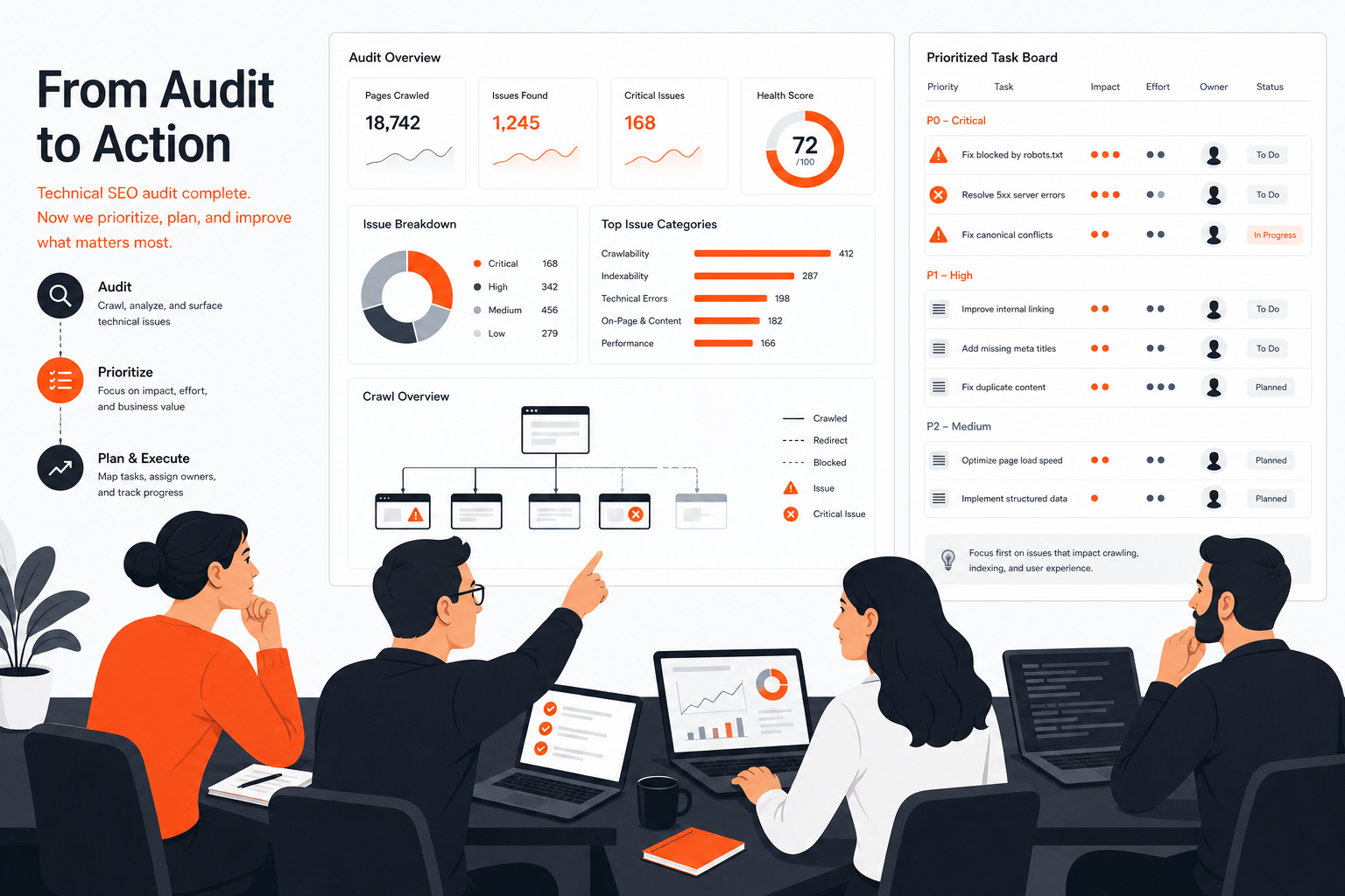 Team planning a technical SEO audit workflow on a dashboard and checklist