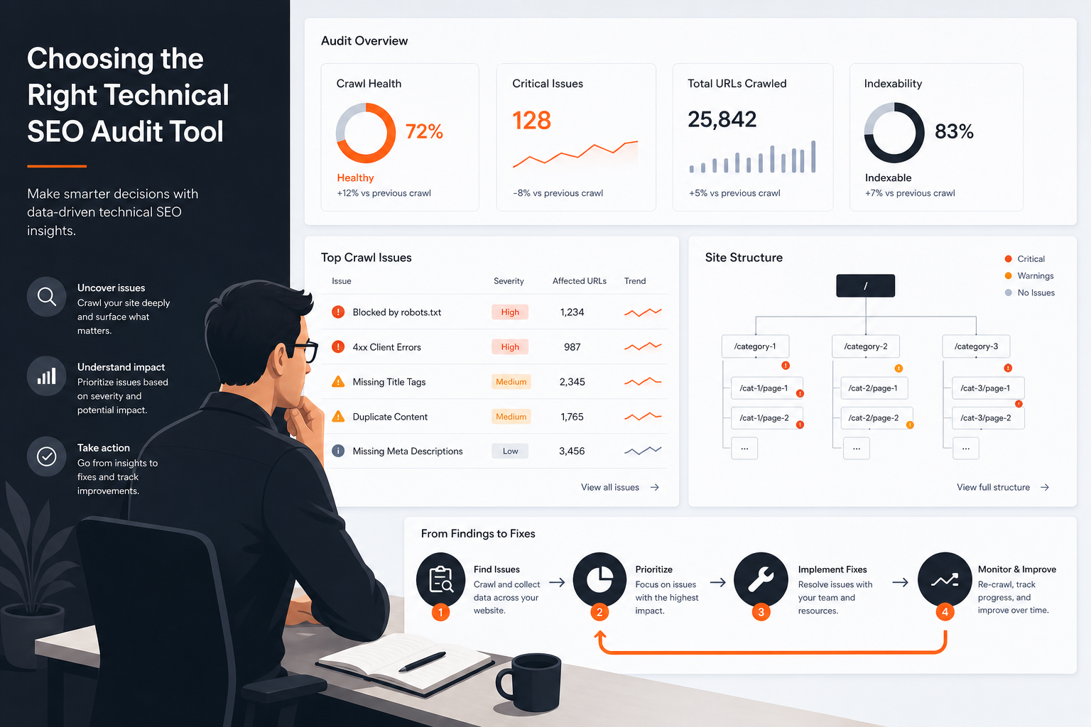 Technical SEO audit tool comparison concept with dashboard, checklist, and workflow visuals