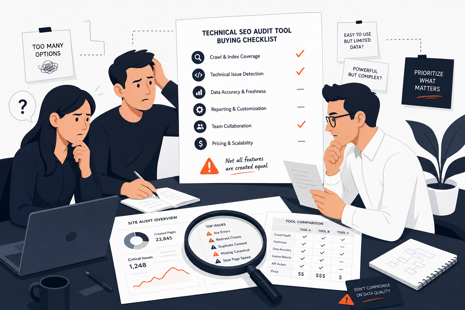 Illustration of common technical SEO audit tool mistakes for buyers