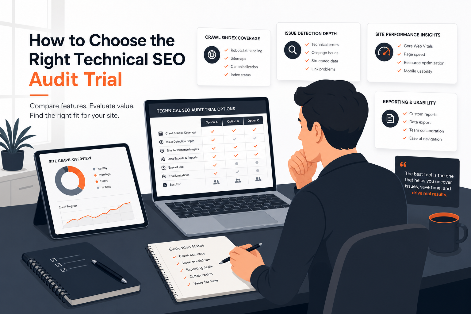 Marketer comparing technical SEO audit trial options on a laptop